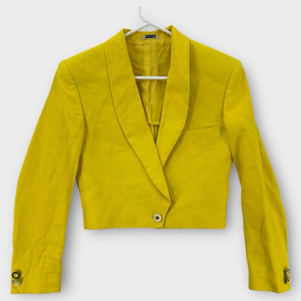 Vintage Gianni Versace Jacket Womens 38 Yellow Cropped Blazer‎ Linen Yellow